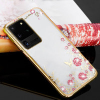 Луксозен силиконов гръб ТПУ ултратънък с 3D камъни и златист кант за  Samsung Galaxy S20 Ultra G988 розови цветя